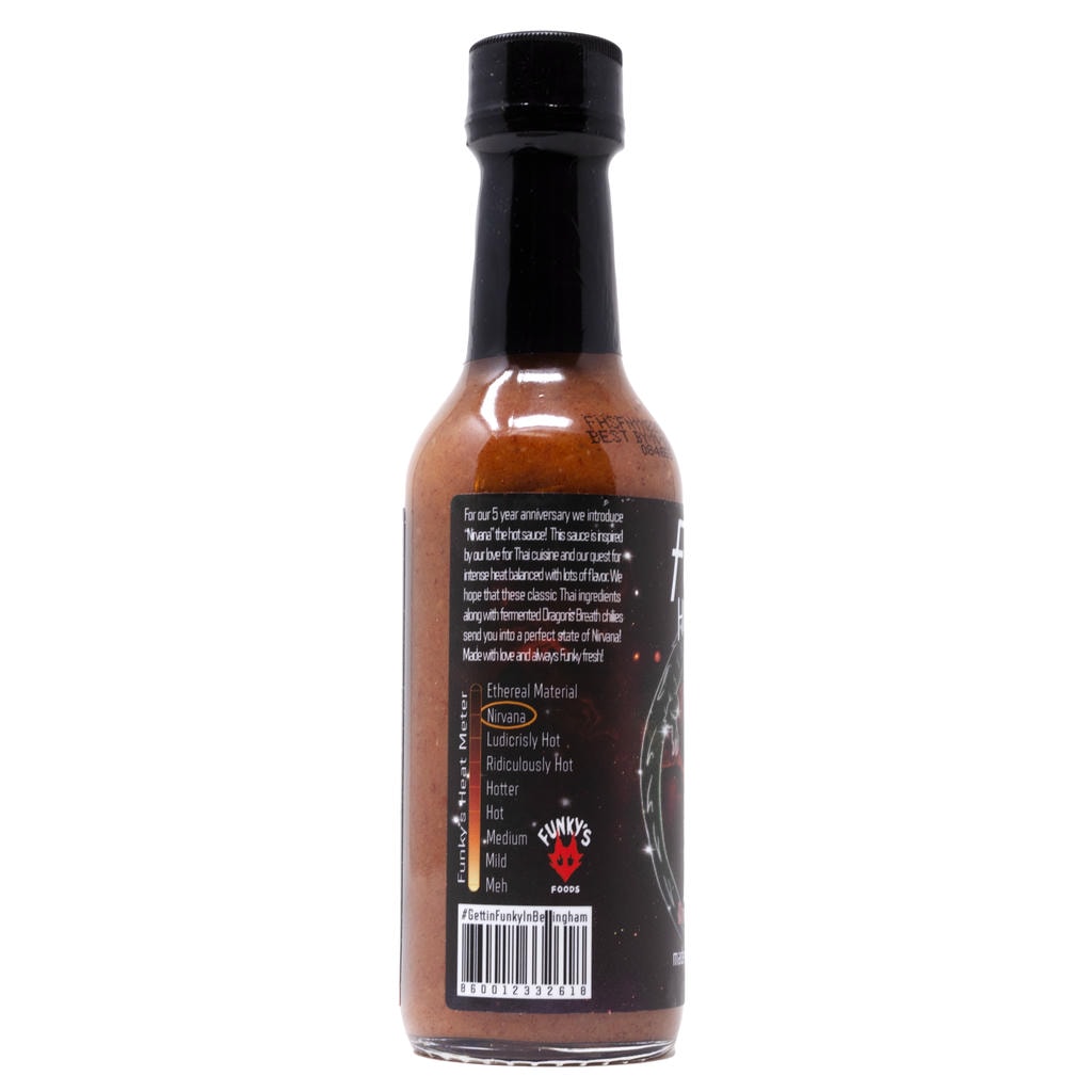 Funky's Hot Sauce Factory Nirvana Dragon's Breath Sauce back of bottle