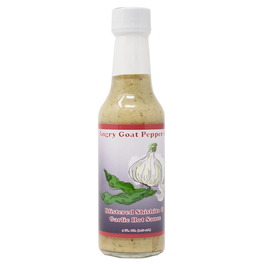 angry goat blistered shishito pepper garlic hot sauce front bottle