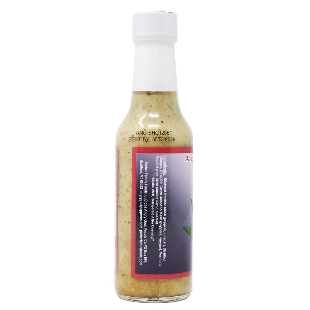 angry goat blistered shishito pepper garlic hot sauce side bottle 