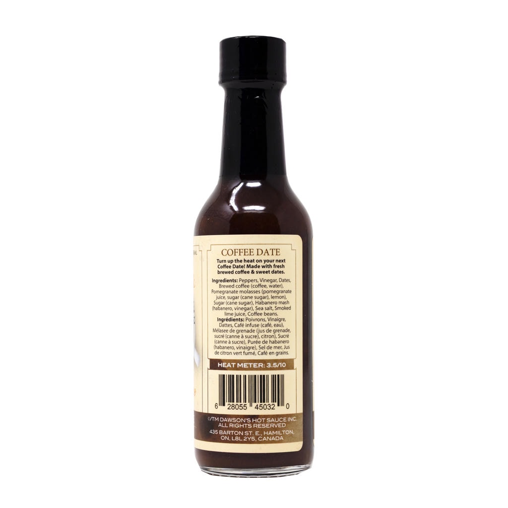 Dawsons Hot Sauce Coffee Date bottle side 