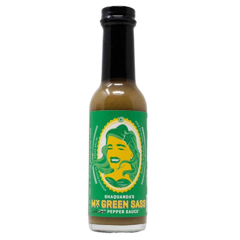 Shaquanda's Mx Green Sass Mild Pepper Sauce front of the bottle 