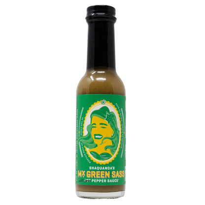 Shaquanda's Mx Green Sass Mild Pepper Sauce front of the bottle 