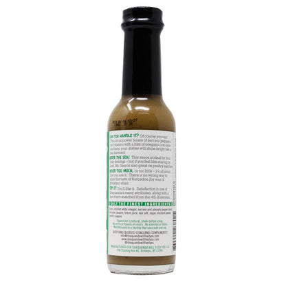 Shaquanda's Mx Green Sass Mild Pepper Sauce side of bottle 