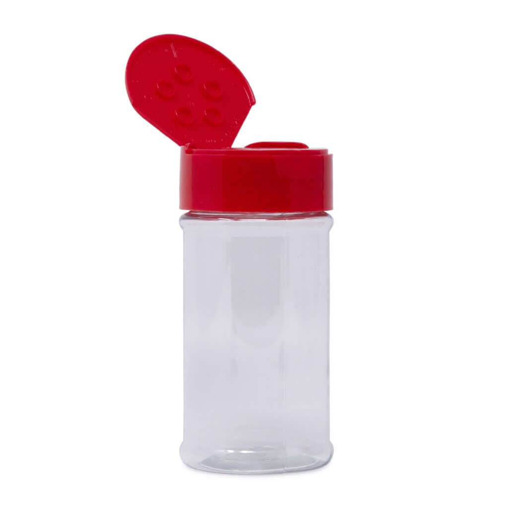 8 oz Clear PET Spice Jars (Red Flip & Sift Cap)